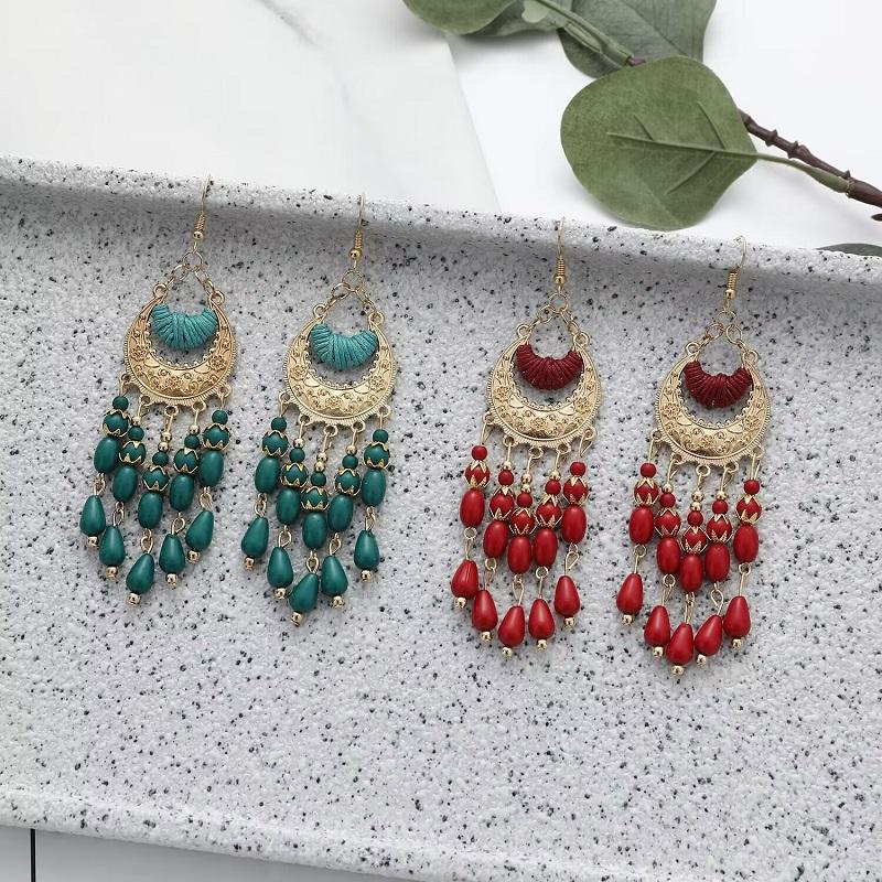 Bohemian Antique Gold Color Long Water Drop Tassel Earrings for Women Vintage Colorful Geometric Drop Dangle Earrings