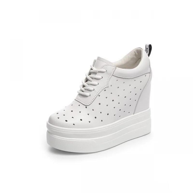 Fashion 11cm Genuine Leather Women Shoes Summer Platform Flats Shoes Summer Women Hollow Super High Heel Loafers Zapatos De Mujer