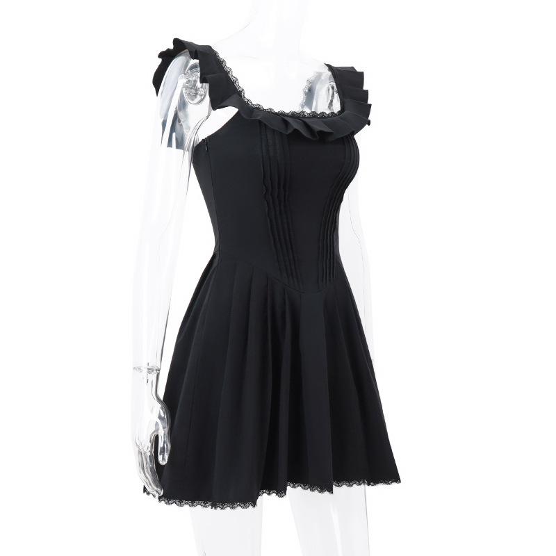 Ins Style Summer New French Temperament Square Neck Wooden Ear Edge Fishbone Corset Female Dress