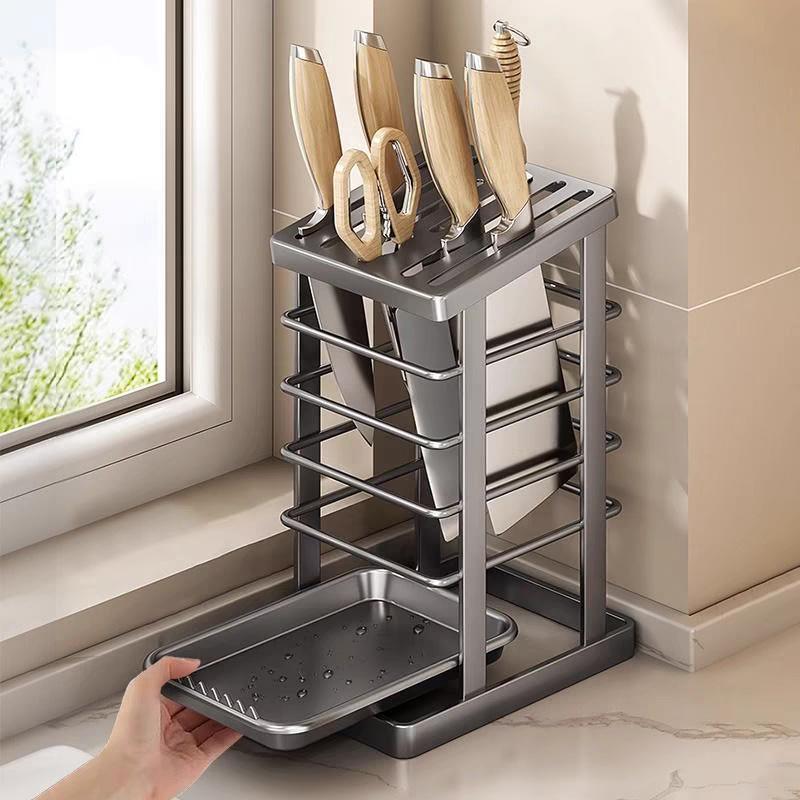 Integrated Kitchen Knife Holder: Cleaver, Scissors, Fruit Knife, Countertop Storage Rack, Cutlery Drainer, Knife Block