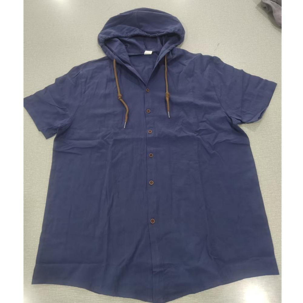 

Мужская однотонная повседневная рубашка, хлопково-льняной кардиган с капюшоном и кулиской, модная и универсальная свободная пляжная футболка с коротким рукавом 3XL темно-синий