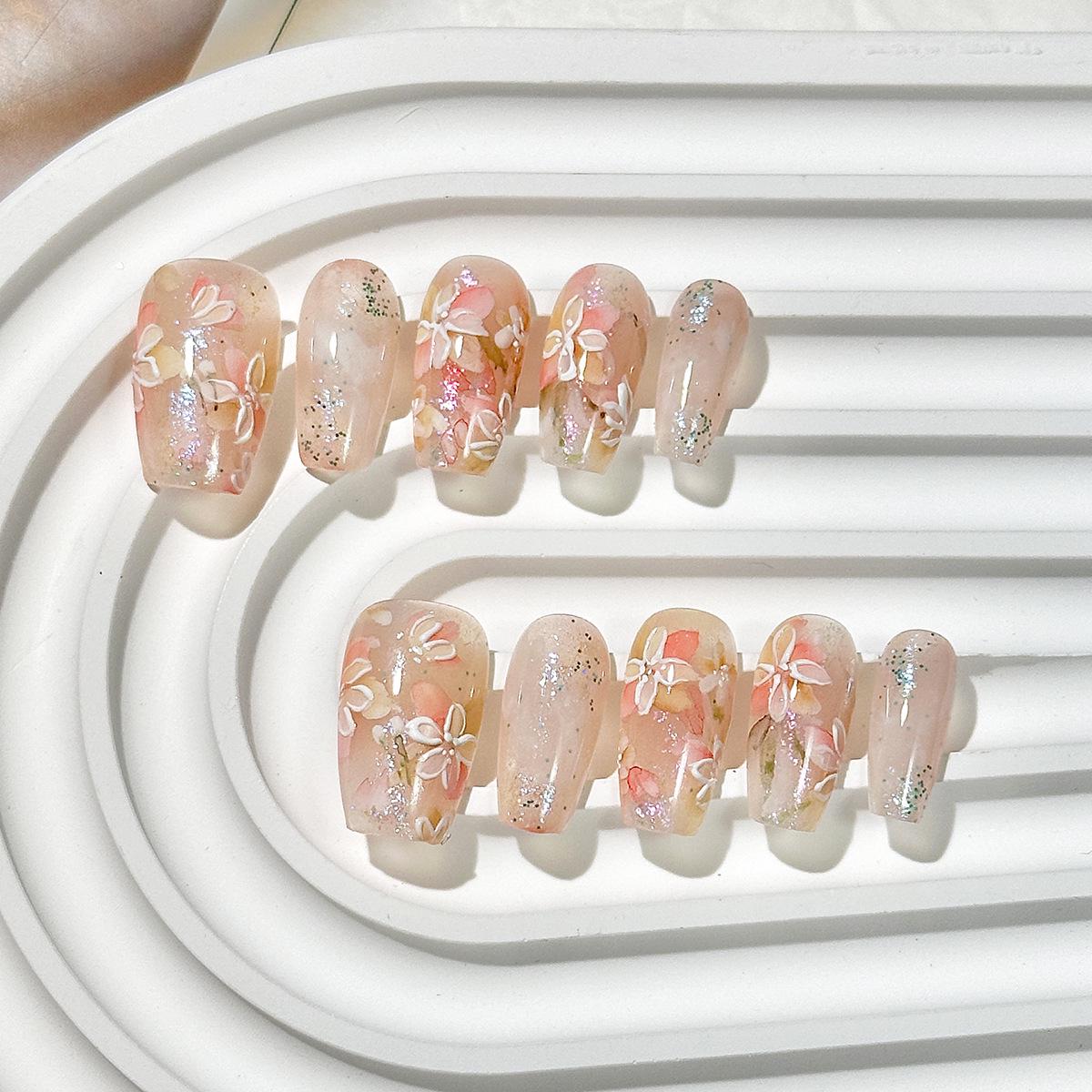 

Hand-Painted Ombre Press-on Nails with Watercolor Flowers - High Quality False Nail Art Patches for a Gentle, Whitening Look