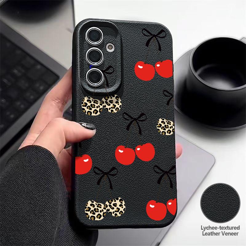 Cartoon Cherry Fruits Case For Samsung S26 Ultra S25 A18 S24 S23 S22 S21 FE A15 A16 A17 A35 A36 A37 A54 A55 A56 A57 Leather Texture Silicone Cover