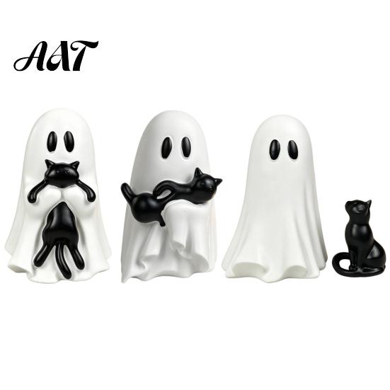 Small Ghost Holding Black Cat Statue Halloween Ornament, Hugging A Sculpture, Decorative Figurine for Holiday Parties Resin Unique Figurine,