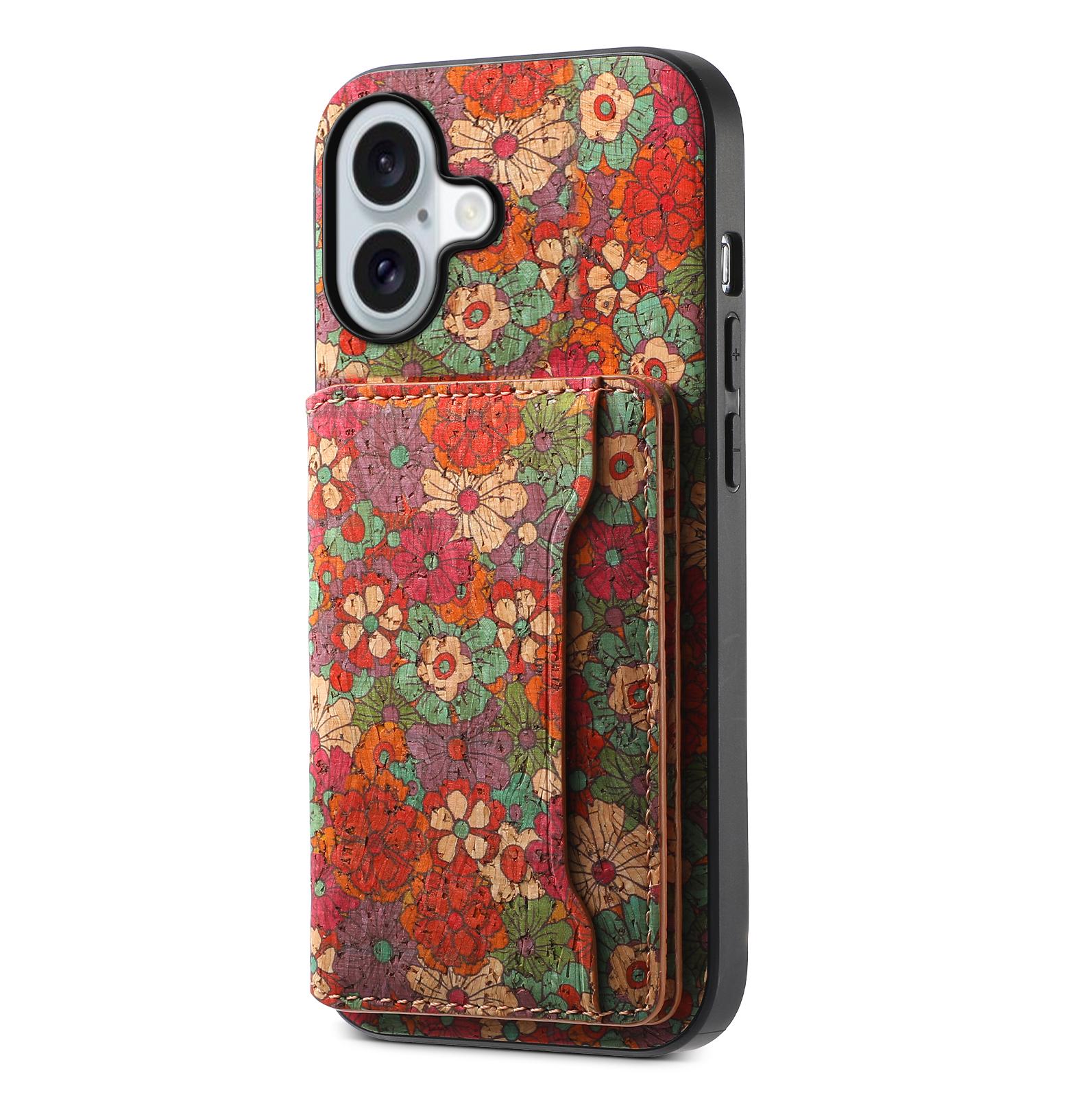 

For iPhone 17 Case Flower Print Leather+PC+TPU Cover with Card Holder Kickstand Summer/Red