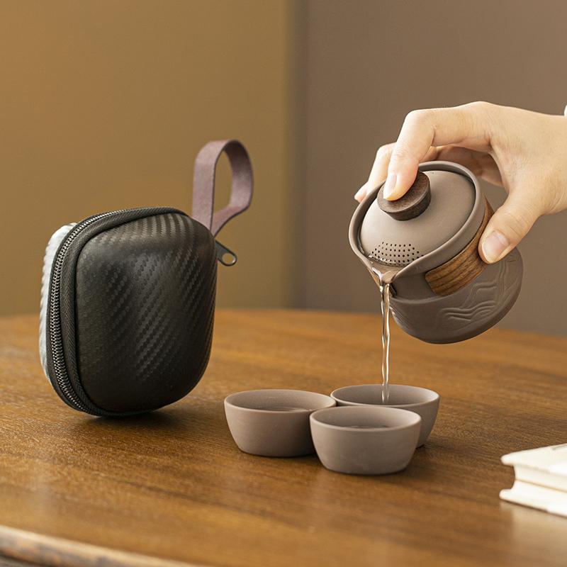 Chinese Style Purple Sand Portable Quick Cup One Pot Fills Three Cups Travel Tea Set Suit Outdoor Teapot Storage Bag