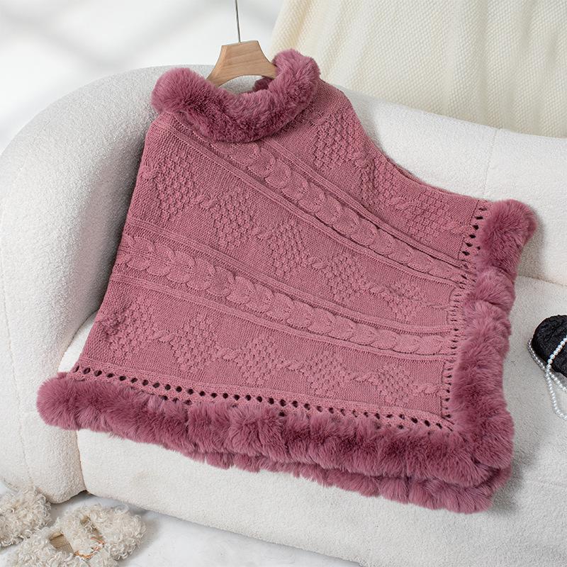 Casual Poncho for Women Solid Color Shawl Wrap Cape with Faux Fur Trim Winter Sleeveless Cloak Coat Womens Warm Pullover Luxury Knitted Sweater Poncho