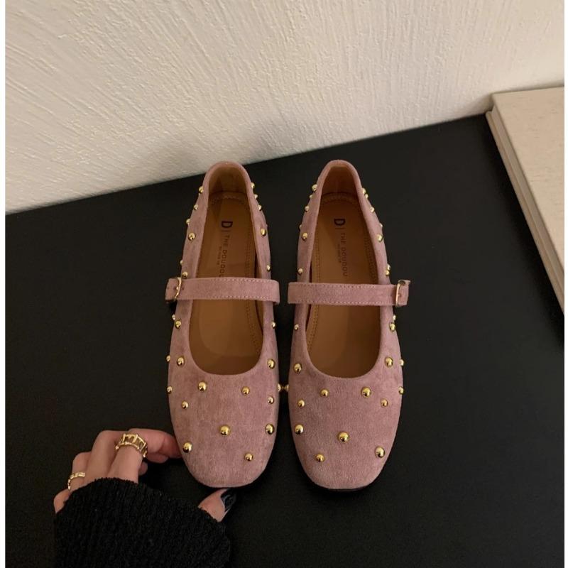 Damen flache Schuhe Retro Nieten Freizeit Schuhe Komfort Weicher Boden Ballerinas Wildleder Freizeit flache Schuhe Klassische Mary Jane flache Schuhe Zapatos Mujer