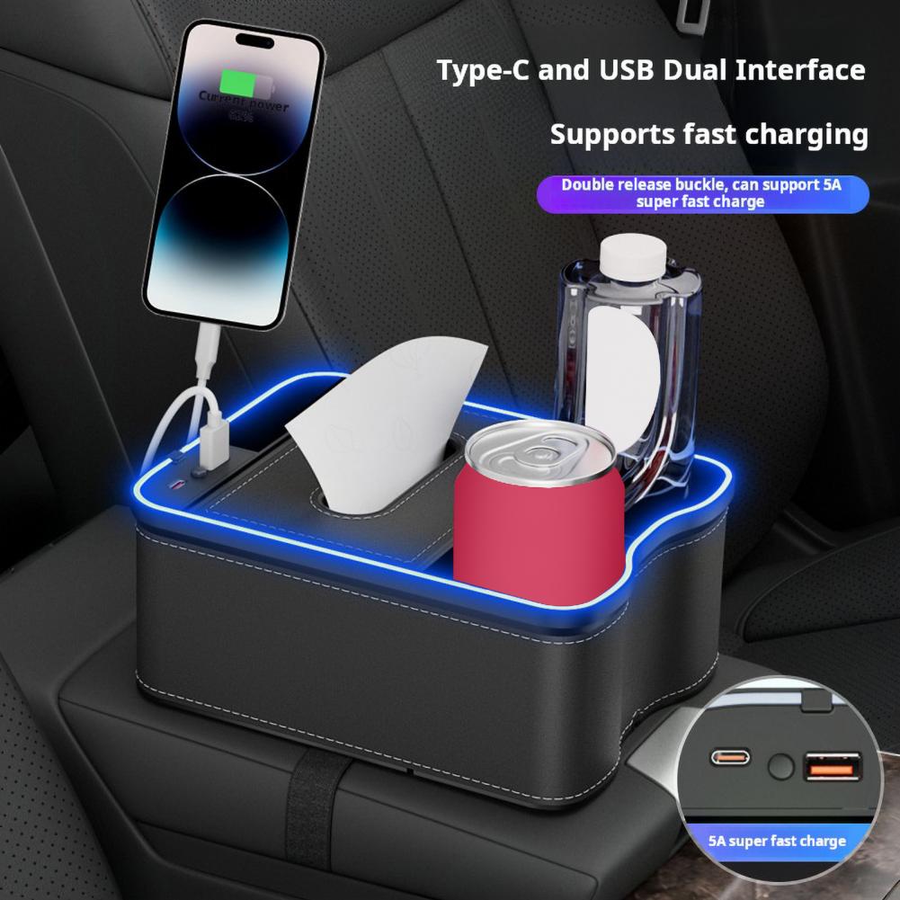 Car Console Storage Box Car Armrest Storage Box with Charging Ports Multi-mode Led Lights Design for Capacity Auto Console