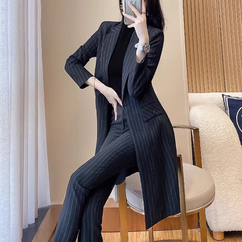 Women's Striped Long Trench Coat & Pant Suit Set