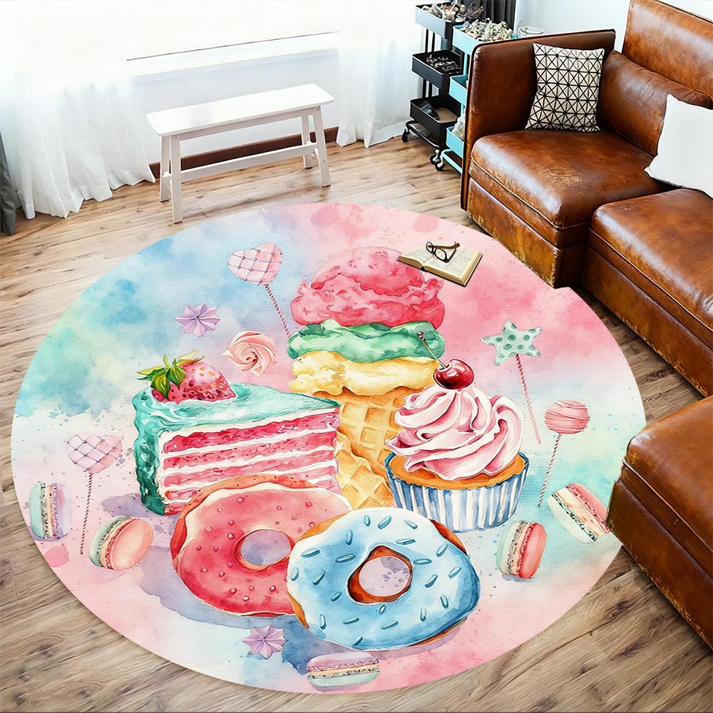 1pc Sweets Desserts Round Chair Mat Office Area Rug - Non-Slip, Floor Mat for Office, Bedroom, and Indoor Decor P127293