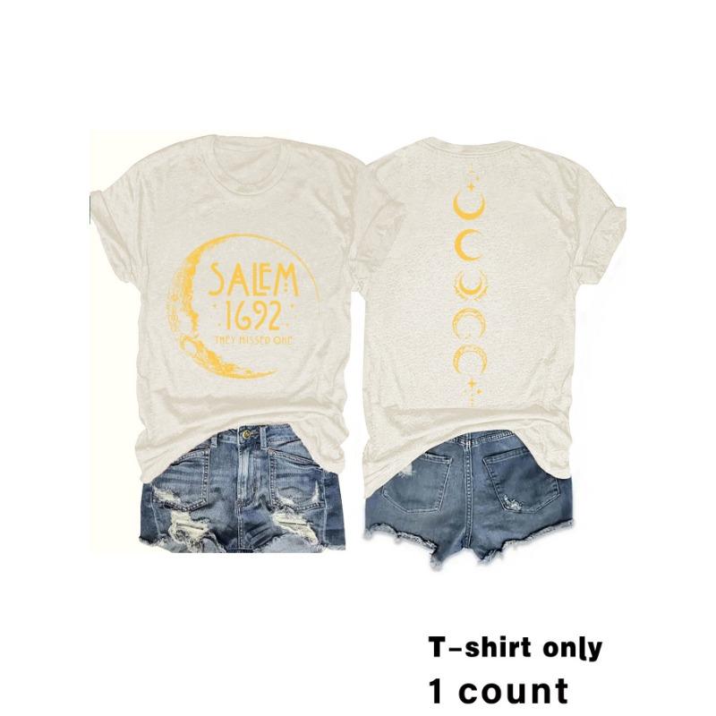Women's Summer Moon and Letter Round Neck Pullover Short Sleeve T-Shirt