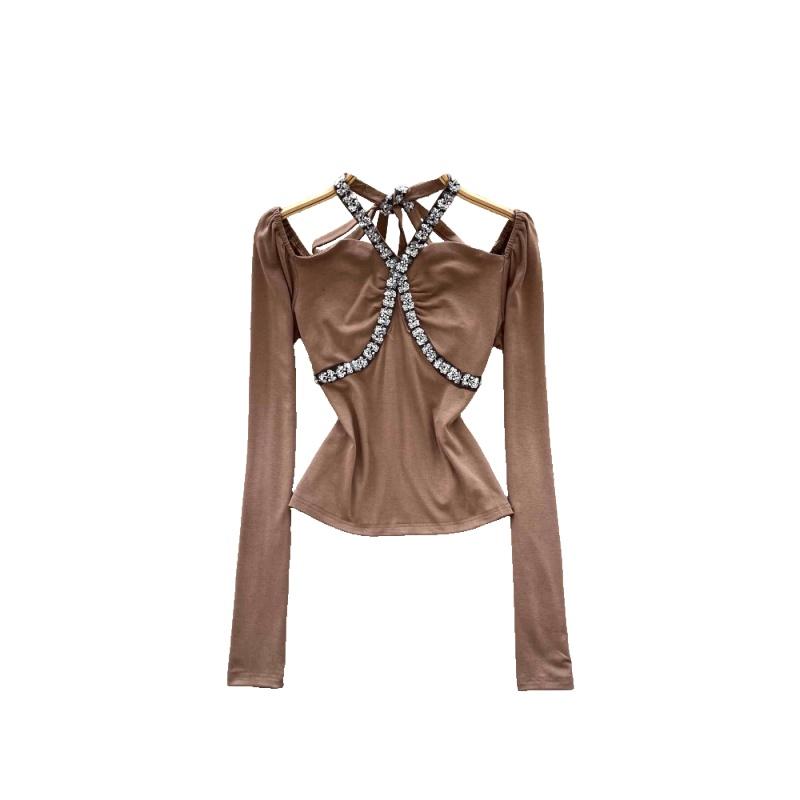 Fashion Sexy Long Sleeved Women's T-shirt Spring Embroidered Beaded Sling Slim and Thin Bottoming Shirt Top Solid Color Women's Clothing 3517