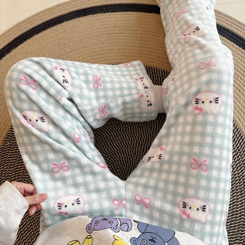 Cartoon Flannel Pajama Pants for Women - Winter Warm Fleece Lounge Pants, Coral Velvet Sleepwear Bottoms for Students, Cozy Home & Outdoor Wear