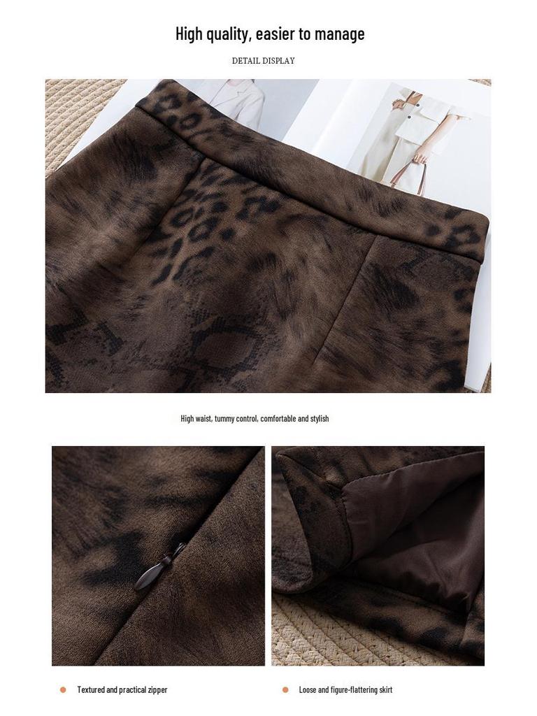 Women's High Waist Leopard Print Suede Skirt - Autumn/Winter 2025