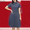 ZANZEA Women Casual Stand Collar Summer Short Sleeve Dress