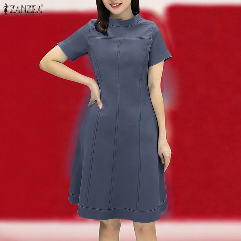 ZANZEA Women Casual Stand Collar Summer Short Sleeve Dress