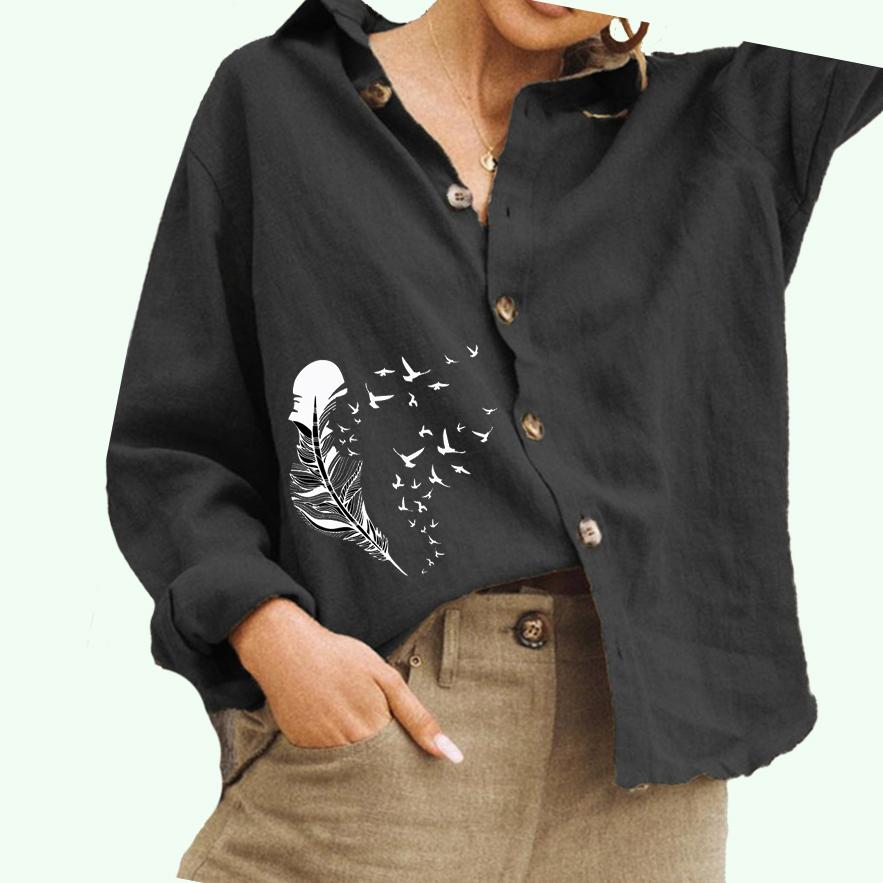 Damenmode Umlegekragen Bluse Damen Print Baumwolle Leinen Top Casual Button-Down-Shirt