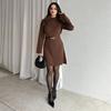2025 Europe New Arrivals: Women's Solid Color Belted Slimming Dress with Long Sleeves and Round Neckline