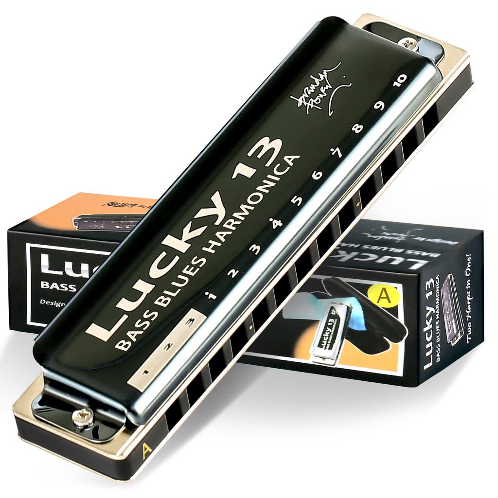 East Top Harmonica, 13-Hole Blues Harmonica in A Key, for Jazz Professionals, Adults, and Children, Study and Practice, Brass Cover, Canvas Case,