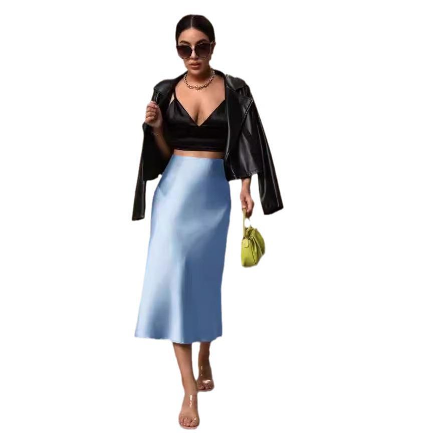 Jesienna satynowa spódnica midi z rybim ogonem - Nowa europejska i amerykańska moda damska