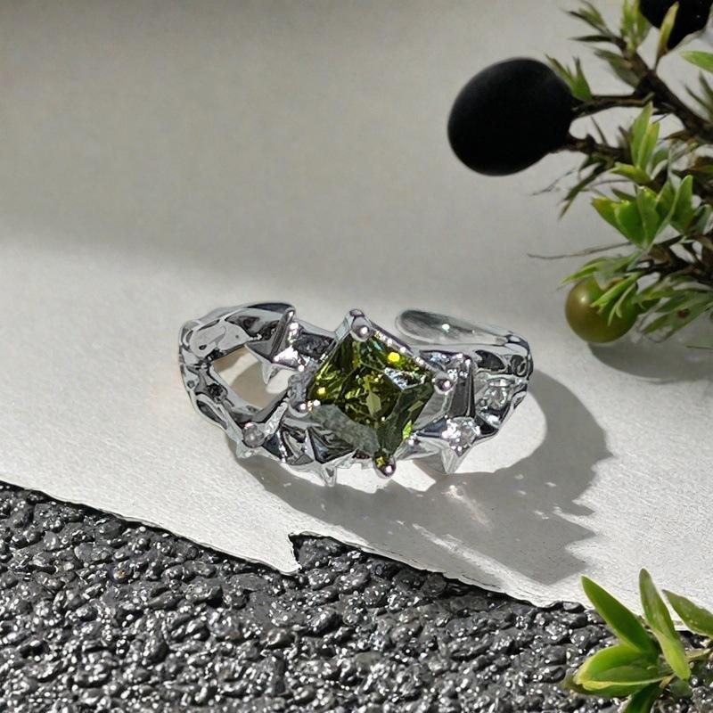 Olive Green Zircon Exquisite Colored Treasure Open Ring Women'S Light Luxury Full Diamond Bow High-End Ring