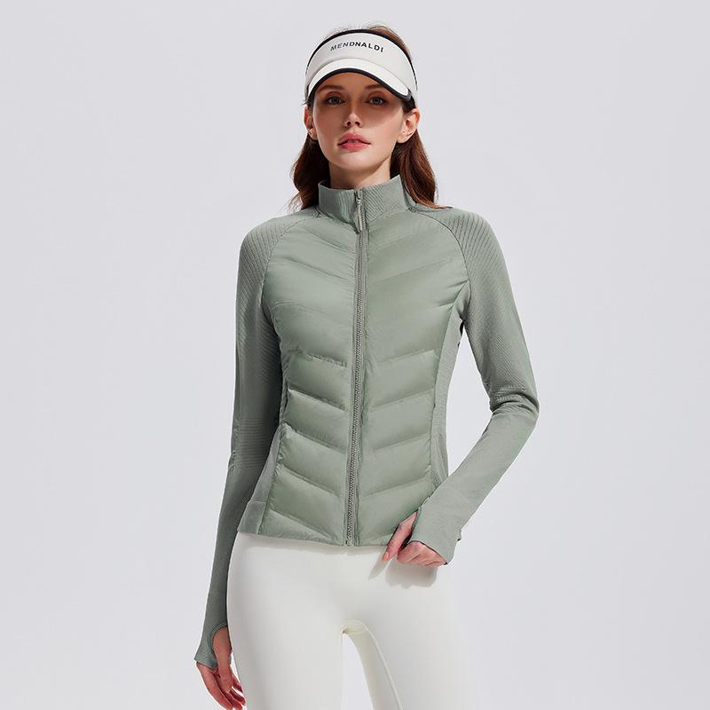 Three-proof sports down jacket women's outdoor running windproof and warm fitness top light and slim stand-up collar ribs jacket