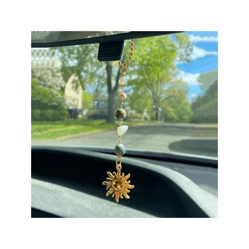 

Sun Hanging Car Charm, Green And Gold Rear View Mirror Accessories Cute Boho Dangling Sun Car Decor Handmade Ornament Gifts For Women Men one-size