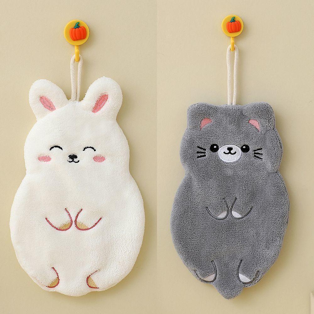Cute Cartoon Animal Embroidered Coral Fleece Hanging Hand Towel - Soft, Quick-Dry, Water-Absorbing, Thickened for Kitchen.
