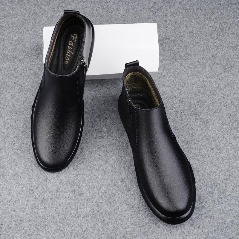 Fashion Genuine Leather Mens Chelsea Boots Comfortable Ankle Boots Fashion Winter Plush Snow Botas Outdoor High Top Shoes Business Boots