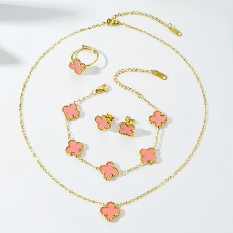 Vierblättriges Kleeblatt Set, Edelstahl Fransen Schmuck Set.