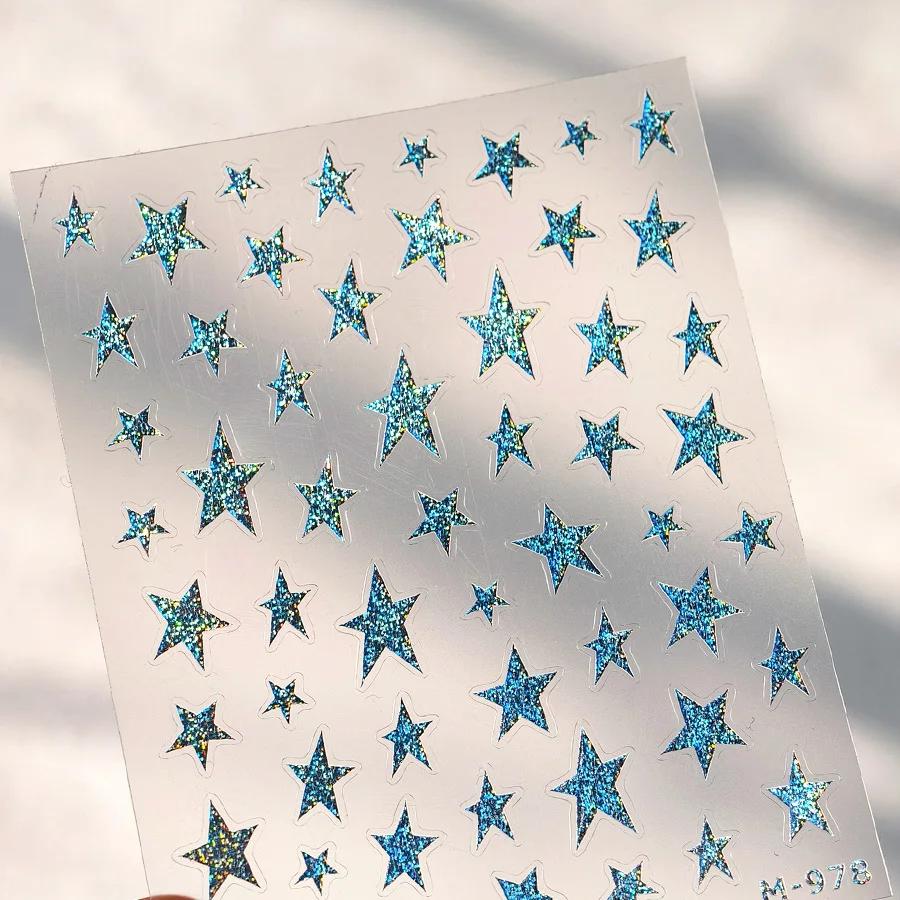 Colorful Five-pointed Star Gird Polka Dot Line Bowknot Cherry 5D Shiny Nail Art Stickers Self Adhesive Decoration Manicure Decal