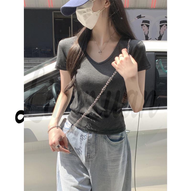 Korean Style V-Neck Slimming Short Sleeve T-Shirt - Spring/Summer Large серый