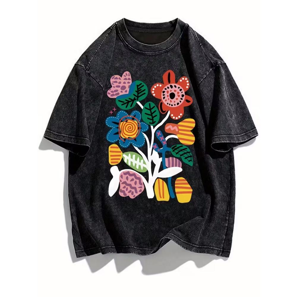 Fashion Floral Men Women's Vintage Washed T Shirt Y2k Streetwear Cotton Oversized Tee Tops Summer Short Sleeve