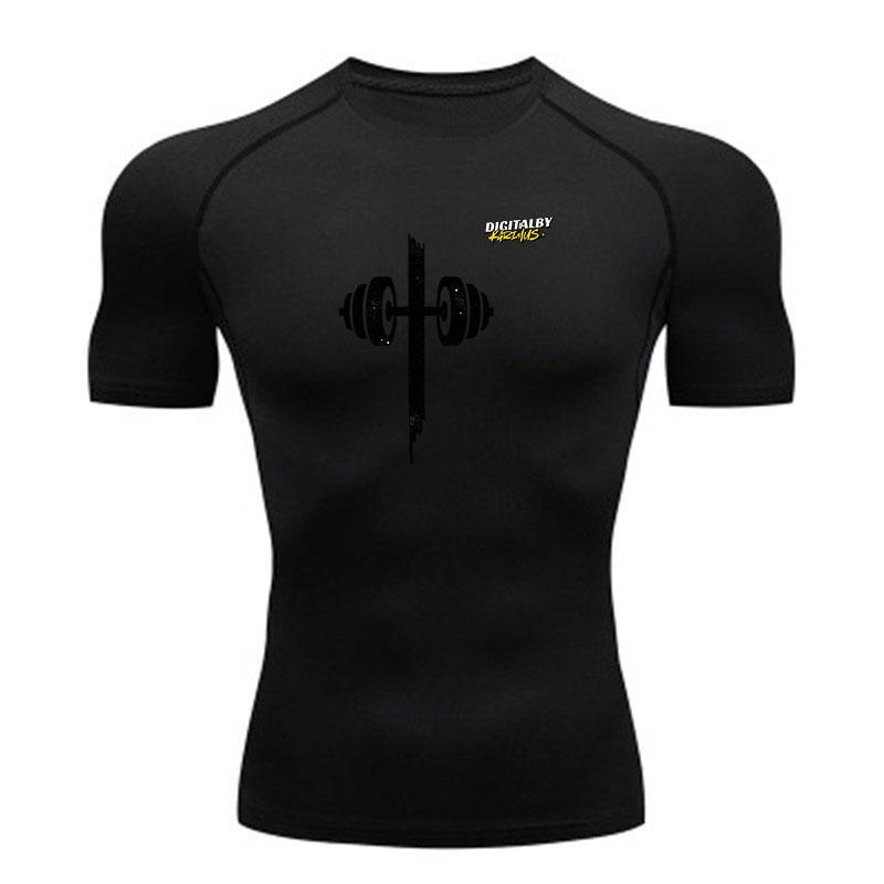 Men's Quick Dry Compression Fitness T-Shirt, Dumbbell Cross