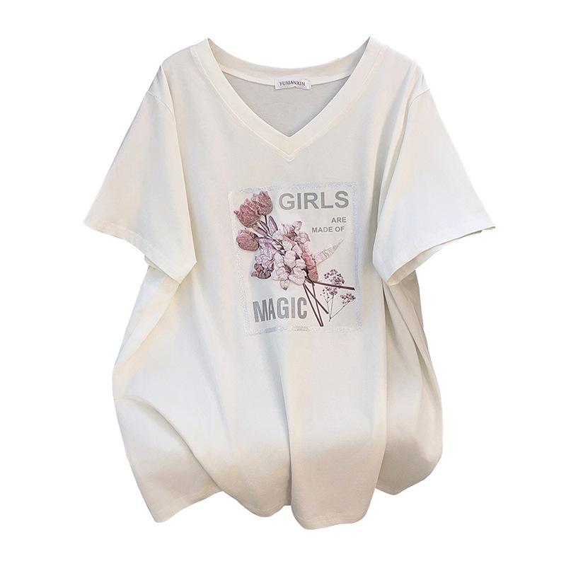 Plus Size V-Neck Mid-Length Short-Sleeve T-Shirt for Women (200/300/350 Jin) - New Style Slim Fit