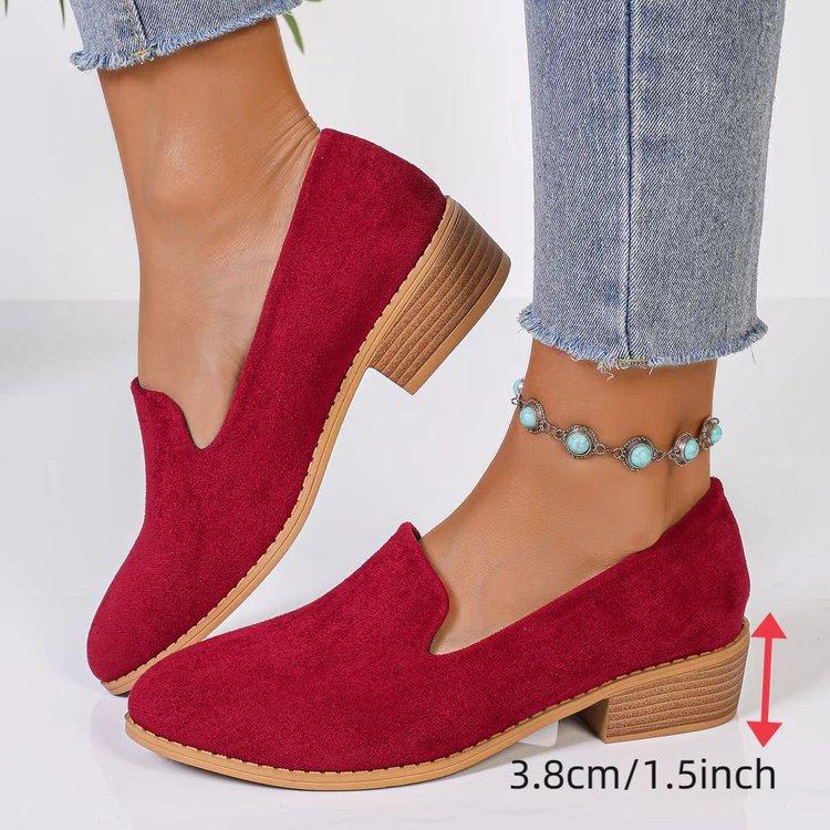 Women Autumn Velvet Pointed Toe Chunky Heel Loafers Comfortable Casual Single Shoes Plus Size 43