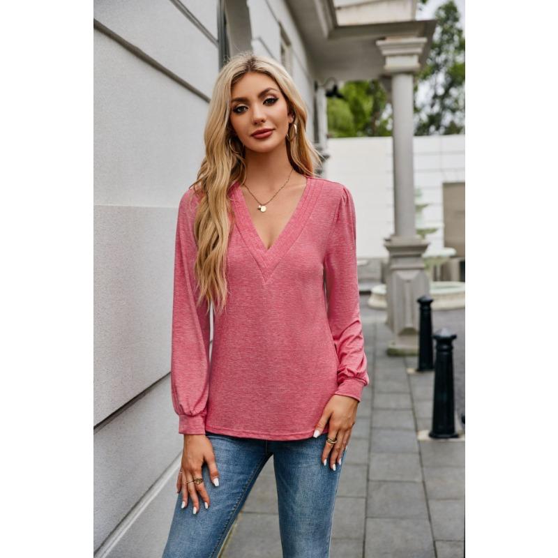 Podzimní a zimní dámská halenka s vícevrstvým výstřihem do V, jednobarevné topy s dlouhým rukávem