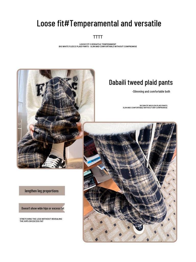 Women's Plaid Velvet-Lined Wide-Leg Pants - Autumn/Winter 2025 Retro Style