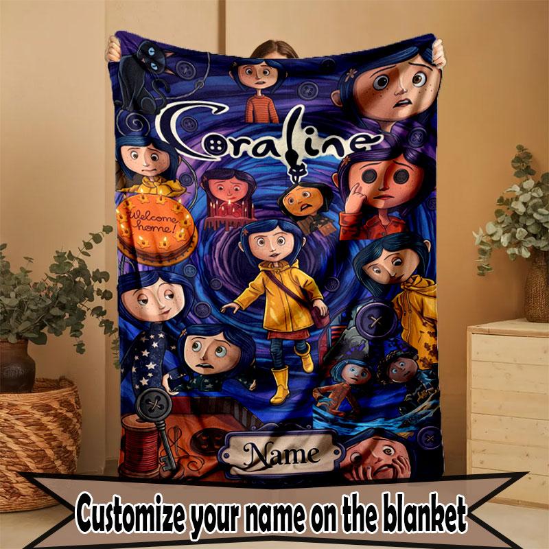 Custom Name Personalized Coraline Print Blanket, Home Decor, Bedroom, Sofa, Camping, Couch, Gifts for Birthday Christmas