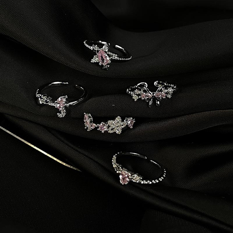 Pink Series Ring Zircon Super Flash Simple Small Fresh Premium Index Finger Ring Bow Opening Adjustable Ring