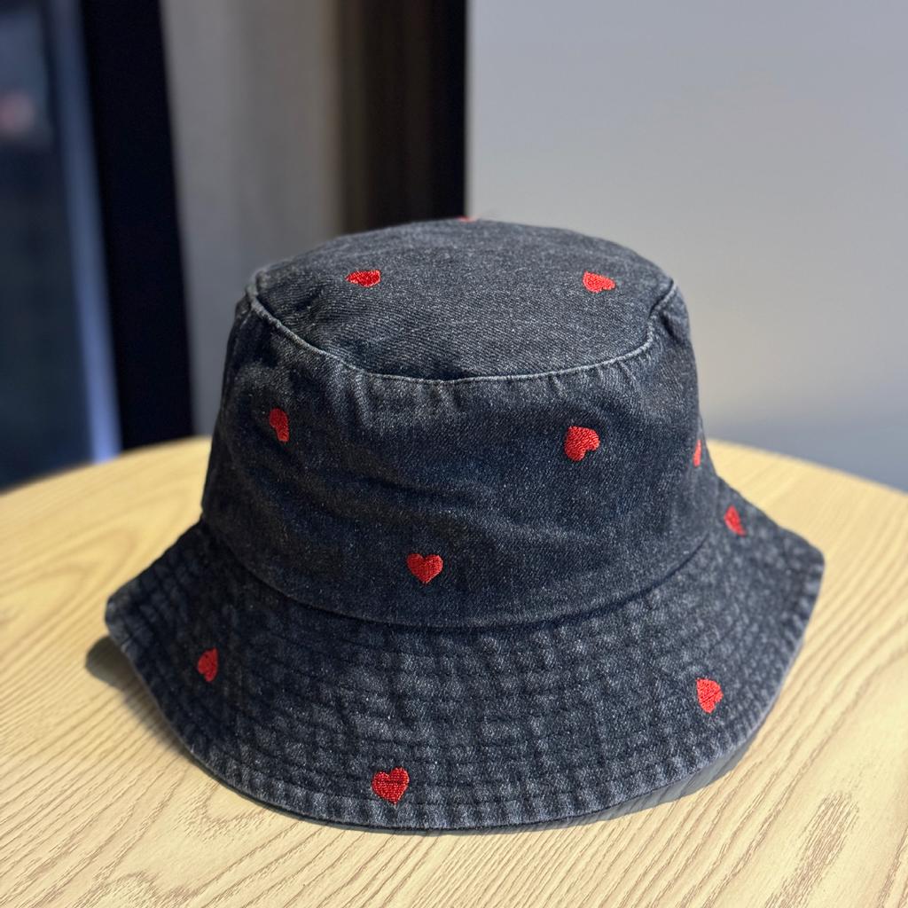 Spring and summer versatile heart-embroidered blue denim bucket hat for women, with wide brim that makes the face look smaller, provides sun