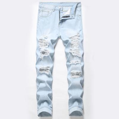 2024 European And American New Men'S Perforated Jeans, Men'S Knee Perforated Slim Fit Jeans