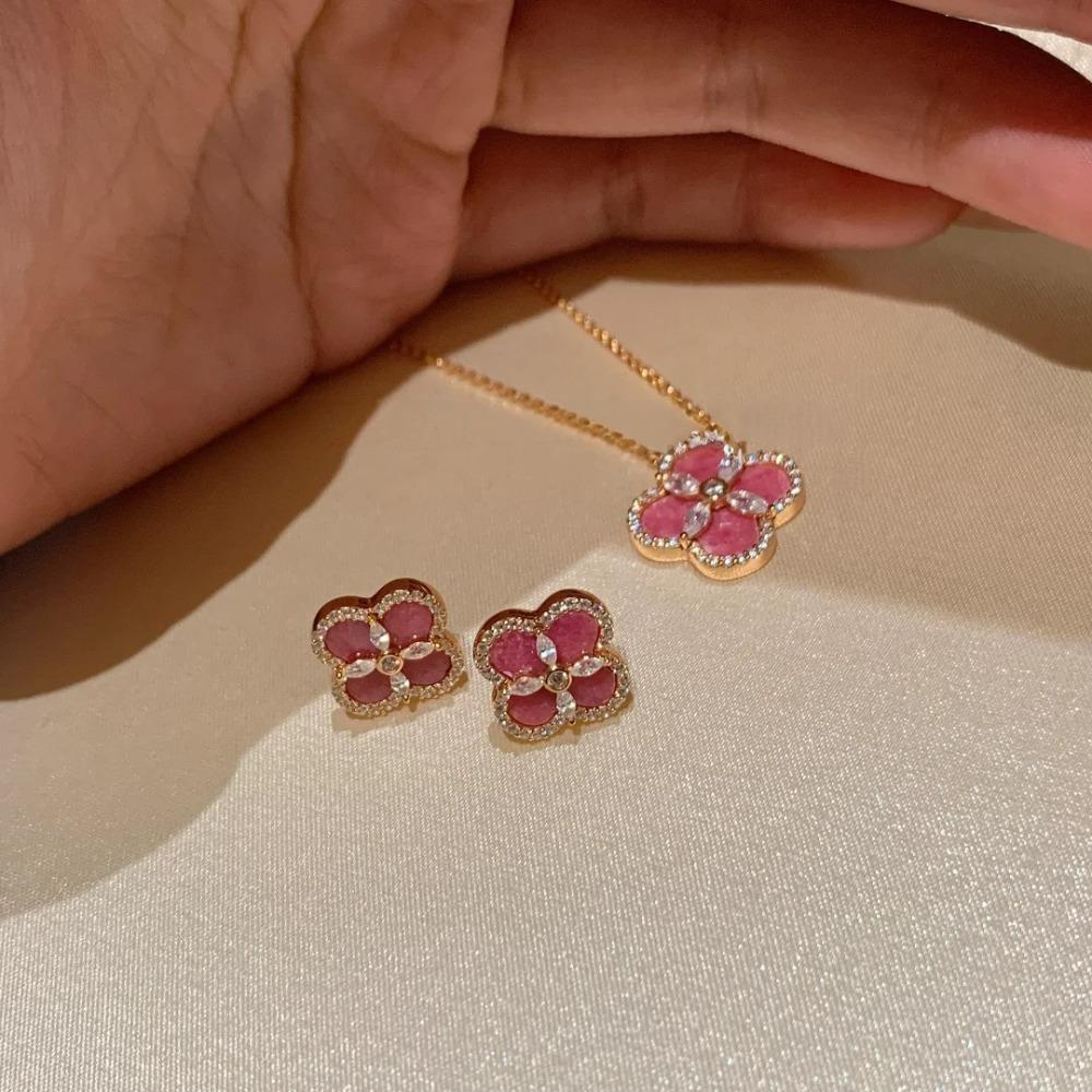Doppelseitiges Diamant-Rosenrosa Kleeblatt Schmuckset für Damen Luxuriöses Armband Halskette Ohrringe