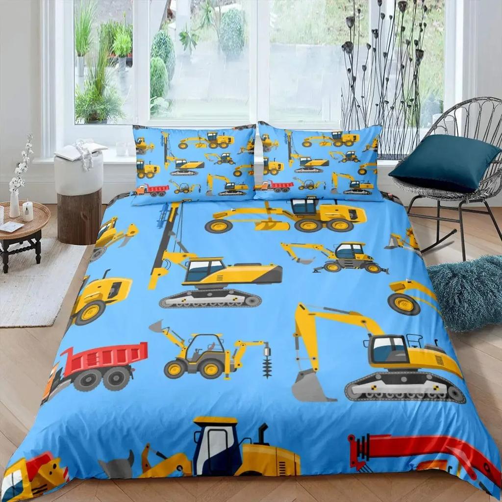 Excavator Duvet Cover Set Microfiber Tractor Truck Comforter Cover Twin Construction Vehicle Cartoon Bedding Set For Boys Teens