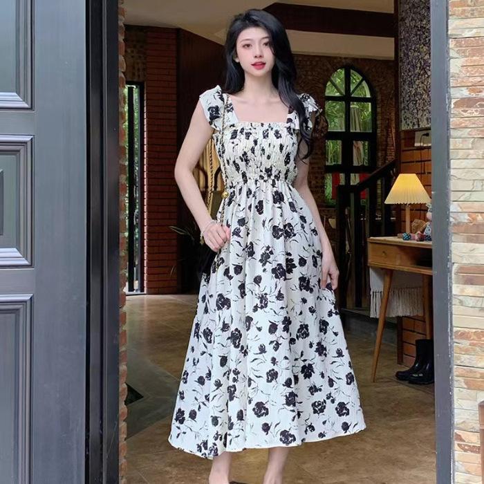 French flying sleeve dress women s summer 2026 new Hepburn style high-end floral waist and thin tea break dress S