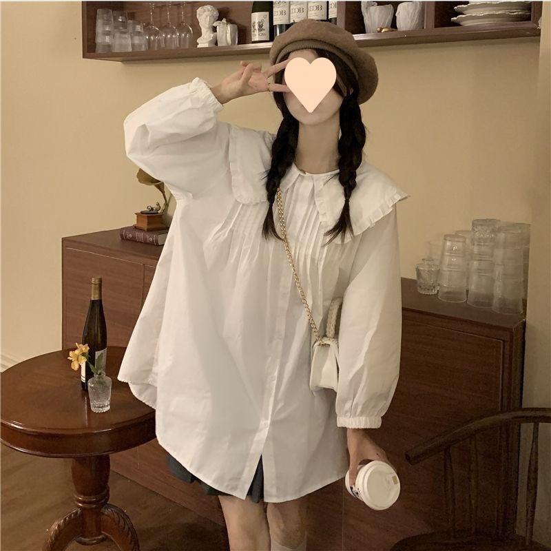 Camicie da Donna Solide Manica Lunga a Lanterna Colletto Peter Pan Stile Coreano Moda Top Retro Blusa Femminile Semplice Tempo Libero Versatile