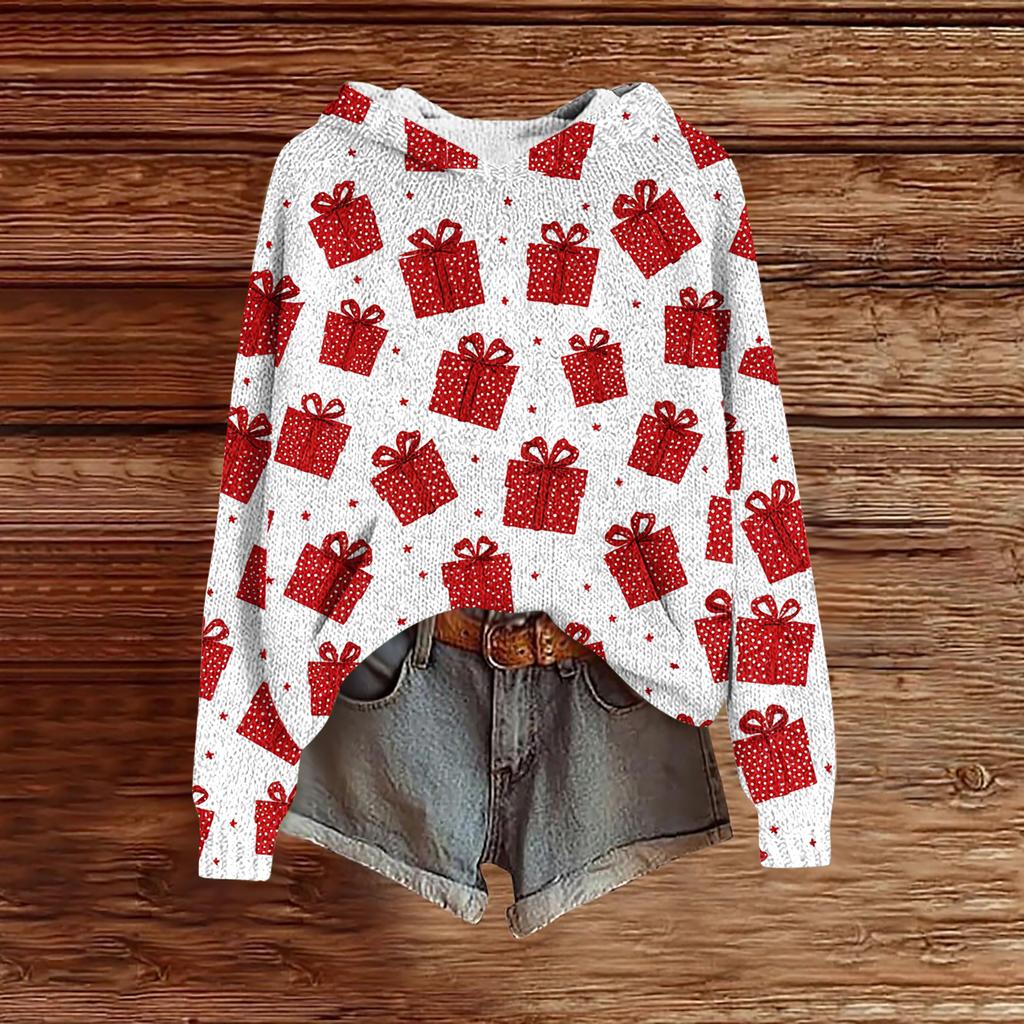 Women's Fashion Casual Long Sleeve Christmas Print Hooded Knitted Sweatshirt