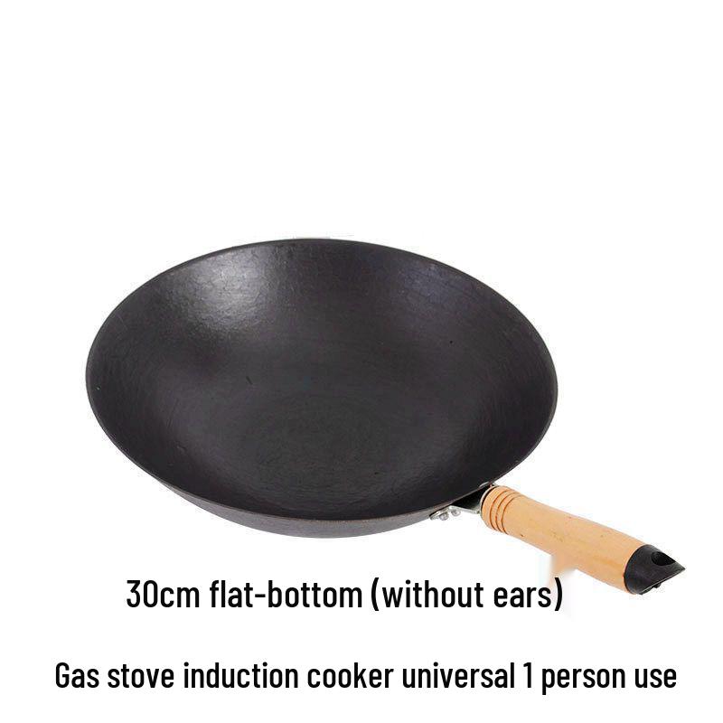Vintage Uncoated Cast Iron Flat-Bottom Non-Stick Wok, Compatible with Induction & Gas Stoves, Ideal for Rural Household Stir-Fry.