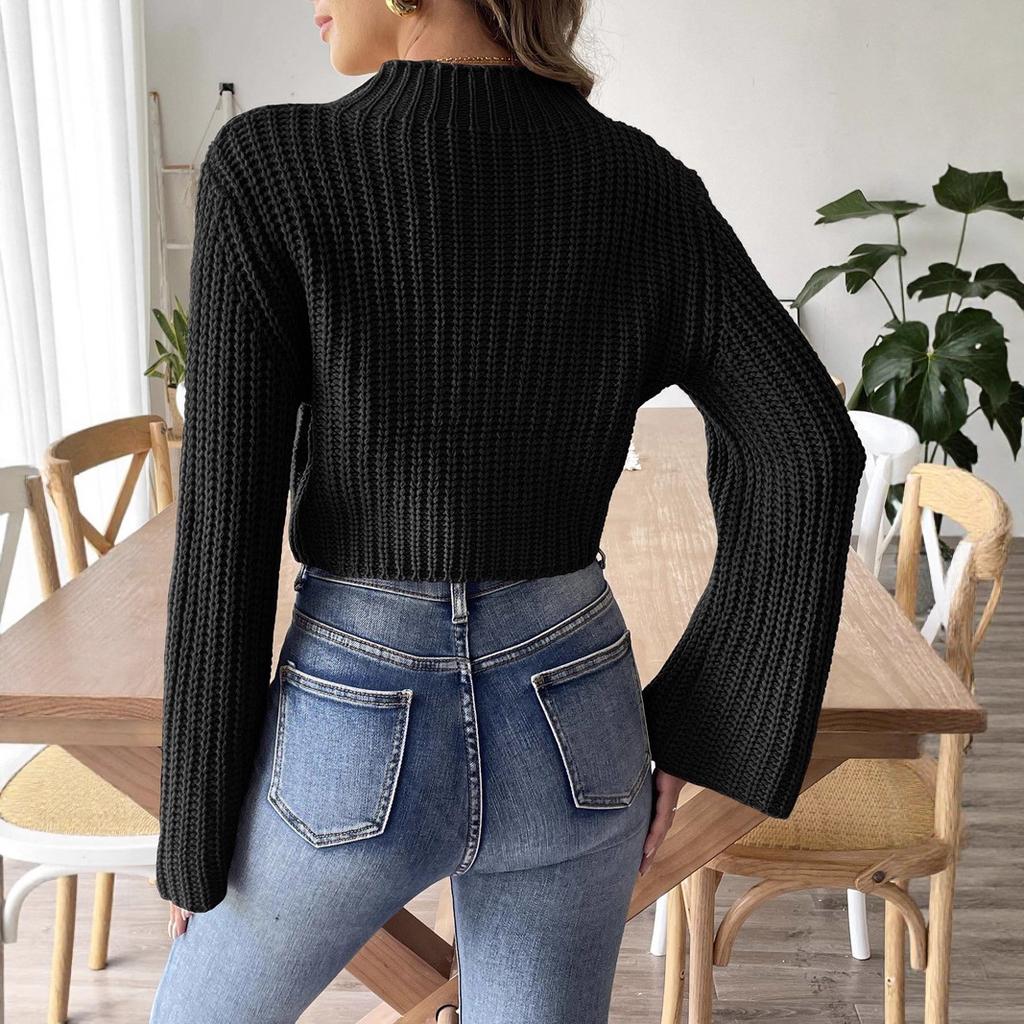 Semi-turtleneck women's sweater short open-button sweater top European and American size autumn and winter new horn-sleeved sweater